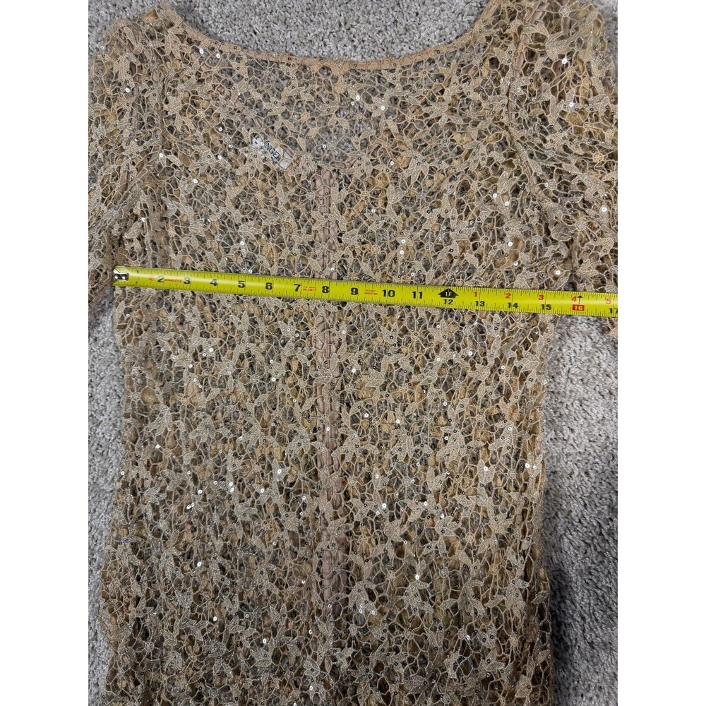 Kay Unger Gold Lace Sequin Sheer Overlay Dress 3/4 Sleeve Cocktail Formal - Picture 5 of 9